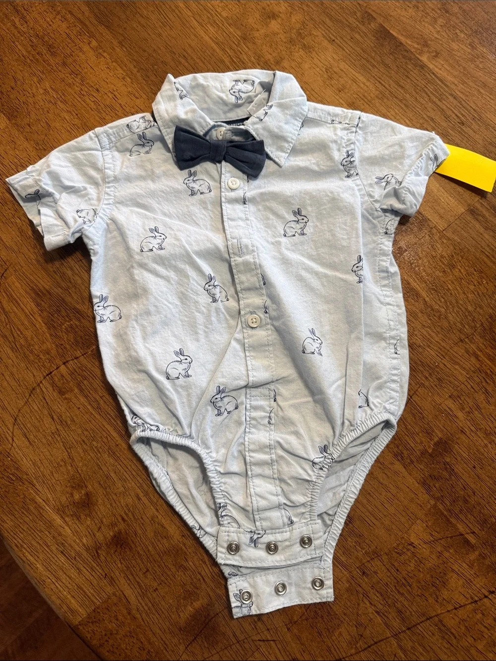 The Children’s Plave Baby Boy Light Blue Bunny Button-Up Bodysuit with Navy Bow